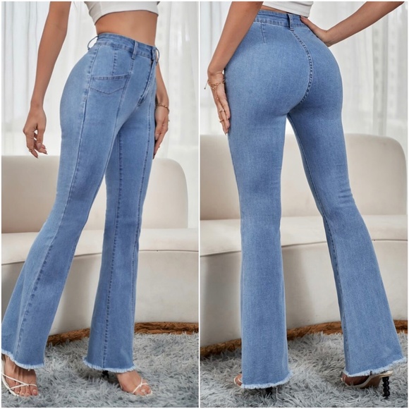 Medium Wash Blue Frayed Hem Wide leg Fitted Denim Jeans - Picture 4 of 9